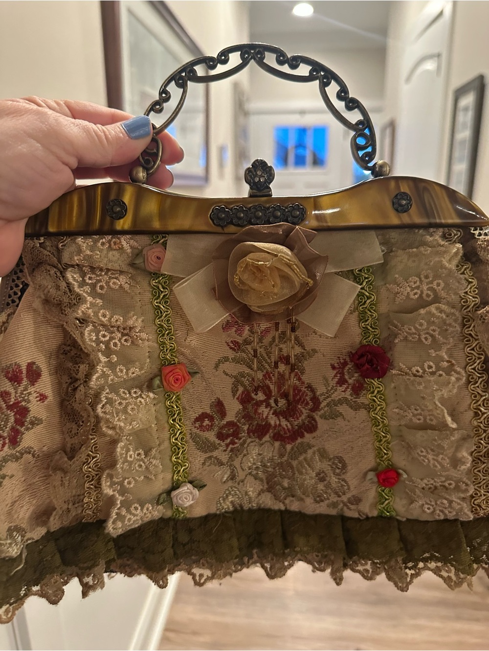 Floral Lace Mini Bag in Beige and Olive - Unbranded